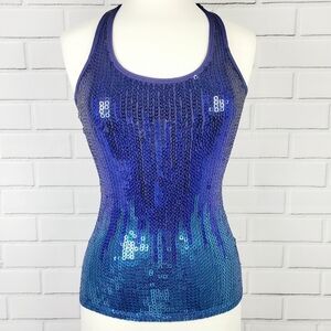 Womens Blue Sequenced Tank Top Size Medium M Racerback Shiny Scoop Neck Y2K